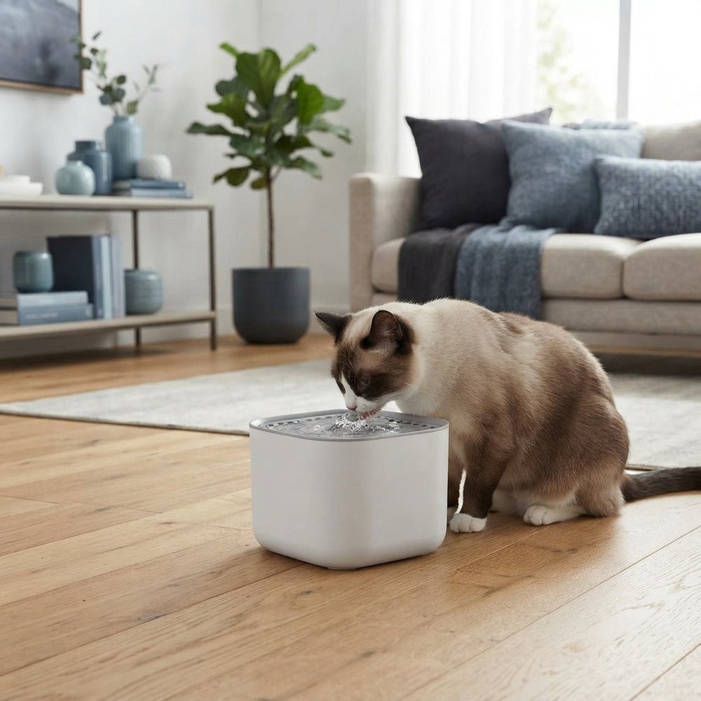 A cat drinking from a modern 3L automatic water fountain in a contemporary living room.