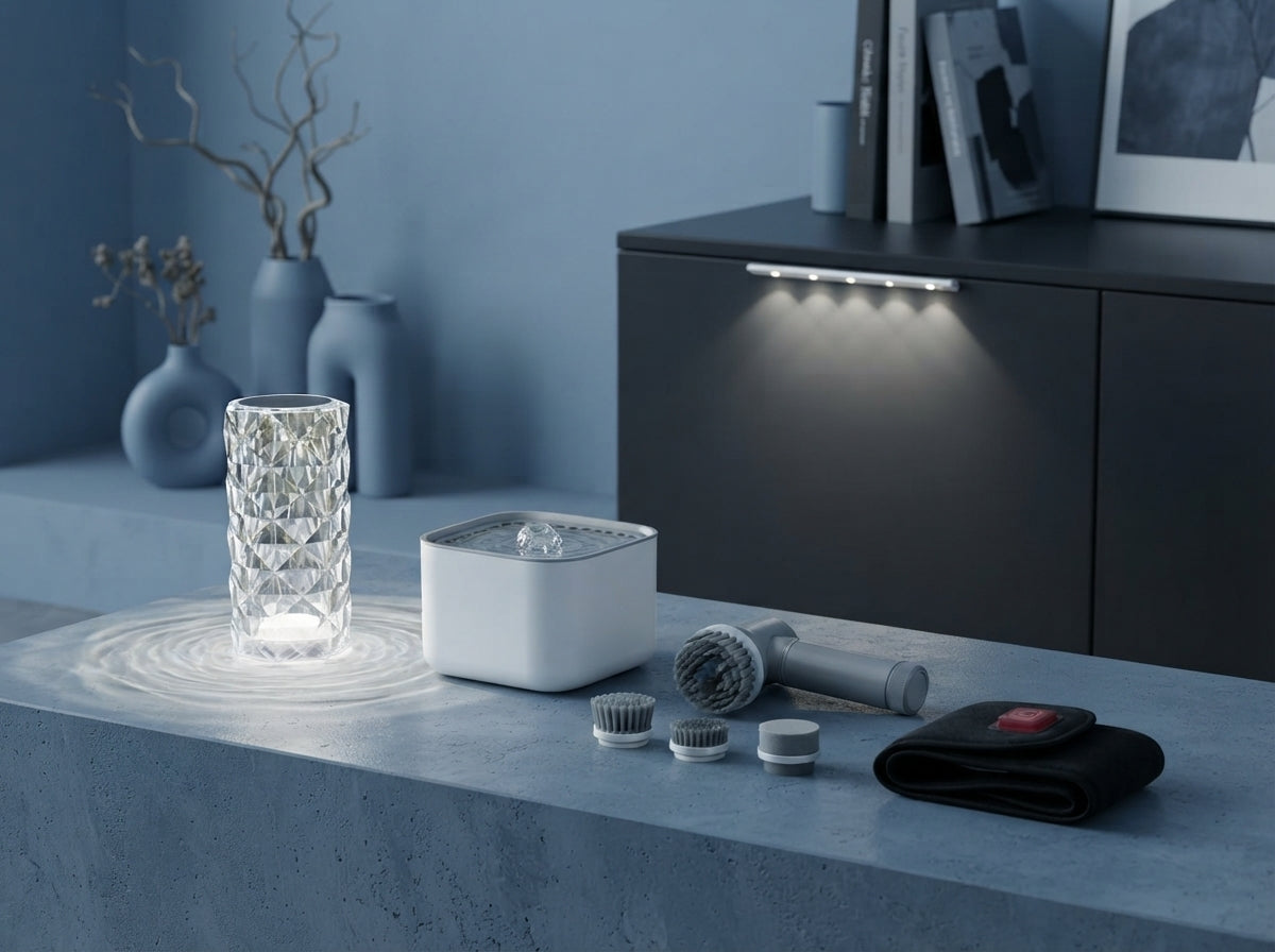 A collection of smart home tools including a crystal lamp, pet fountain, and cleaning devices arranged in a modern, organized