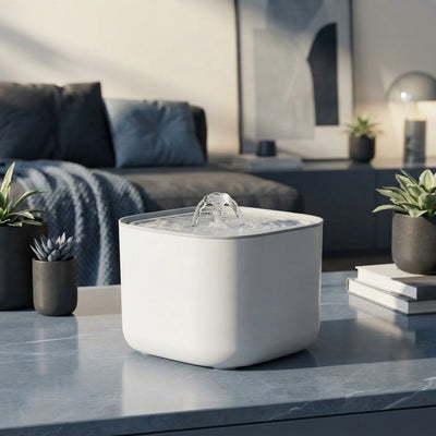 A 3L automatic pet water fountain with a sleek design resting on a modern surface in a contemporary home.
